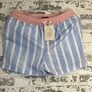 The Beaufort Bonnet Company Blue & White Striped Shorts with Pink Waistband